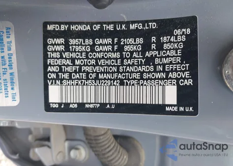 2018 Honda Civic Ex из США, поврежденный, VIN SHHFK7H53JU229142